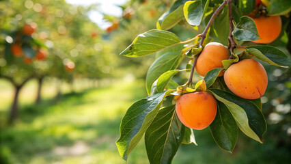 Persimmon tree branch laden with ripe fruits in an orchard, showcasing the beauty of nature and the abundance of the autumn harvest