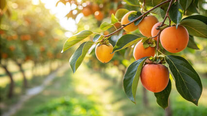 Sunlight filters through the leaves, illuminating ripe persimmons hanging from a tree branch in an orchard, creating a vibrant and inviting scene