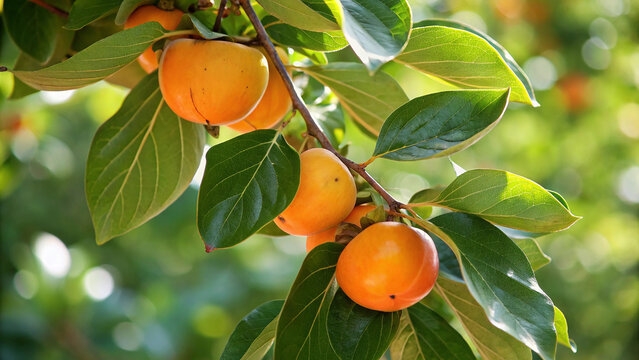 Closeup of ripe persimmon fruits hanging on a tree branch, showcasing their vibrant orange color and lush green leaves in a natural setting