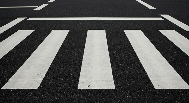 Bold graphic pattern of parallel white lines crossing dark asphalt pavement, defining a safety zone for street traversal in an urban environment ,marking ,transportation ,safety