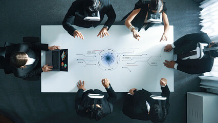 Aerial view of business professionals using virtual reality in a modern conference room. This dynamic setting enhances collaboration, creativity, and innovative strategies for the future. Trope