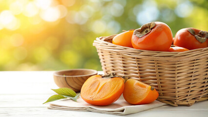 Sunlit still life of ripe persimmons in a wicker basket with a wooden bowl on a white table against a blurred green background, creating a warm ambiance