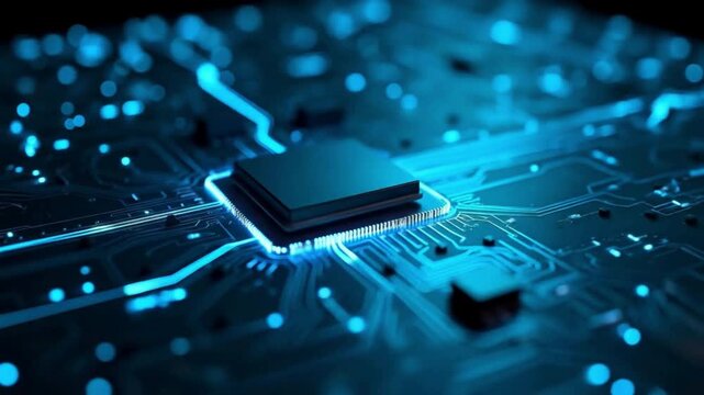 Futuristic microchip technology animation showing glowing processor on digital circuit board, artificial intelligence, data processing, and innovation concept background for tech video design