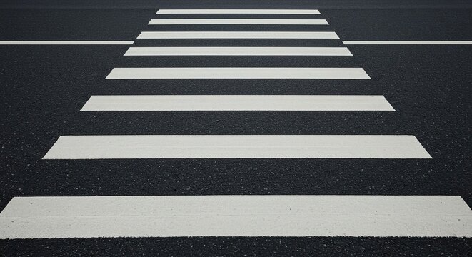 Bold graphic pattern of parallel white lines crossing dark asphalt pavement, defining a safety zone for street traversal in an urban environment ,symbol ,stripe ,streetscape