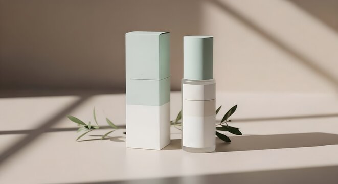 Natural aesthetic cosmetic packaging mockup with bottle, box, and leaves