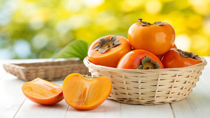 Still life of ripe persimmon fruits in a basket on a wooden table, showcasing their vibrant orange color against a blurred natural background