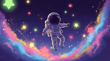 An astronaut floats weightlessly amidst a colorful nebula and glowing stars in space - Powered by Adobe