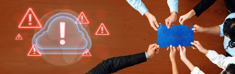 Red alert triangles over a blue cloud icon, symbolizing cloud security threats, system warnings,...