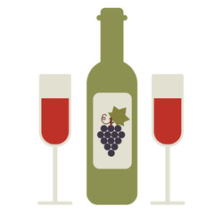 Illustration of wine bottle with two glasses filled with red wine. Perfect for autumn menus, restaurant design, invitations, posters, and festive promotions.