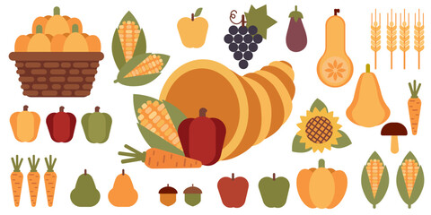 Cornucopia and autumn harvest, pumpkins, corn, wheat, grapes, peppers, carrots, and sunflower. Great for Thanksgiving and fall-themed designs.