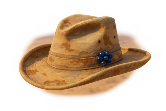Outback style safari hat featuring desert camouflage pattern with blue bead brooch, transparent background