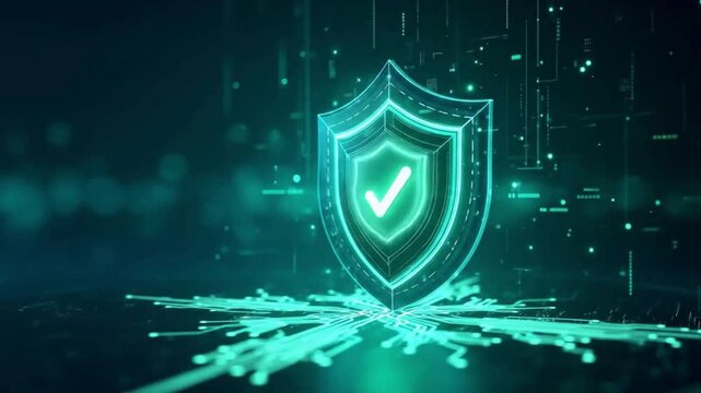 Futuristic cyber security protection animation showing glowing digital shield with check mark, symbolizing data privacy, antivirus defense, network safety, and secure technology system