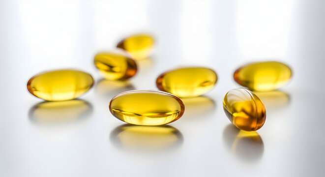 Omega 3 golden gel capsules for heart health and immunity boost dietary supplement high doses of vitamin D for healthy lifestyle and strong bones on light background