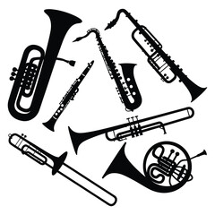 Collection of silhouetted brass and woodwind musical instruments