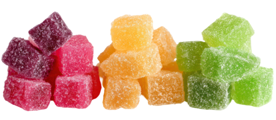 Three Piles of Sour Candy, Gummy Candy, and Sugar Candy Side by Side on Transparent Background