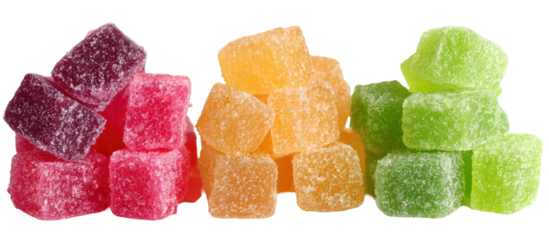 Three Piles of Sour Candy, Gummy Candy, and Sugar Candy Side by Side on Transparent Background