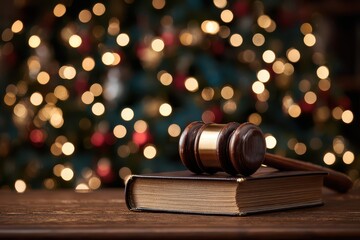 Gavel and law book by festive tree