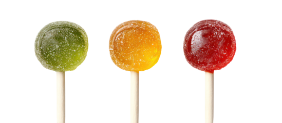 Three oval shaped fruit flavored lollipops isolated on transparent background