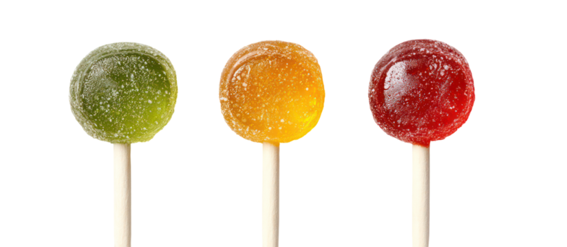 Three oval shaped fruit flavored lollipops isolated on transparent background