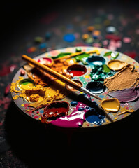 Fototapeta premium Mixing vibrant colors on a painter's palette with brush in an artistic studio illuminated by soft light