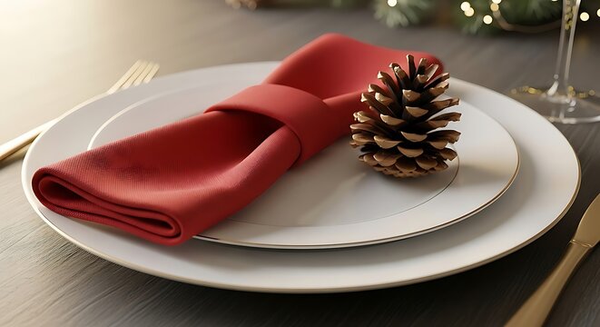 Festive holiday table setting with a red napkin and golden pinecone accent