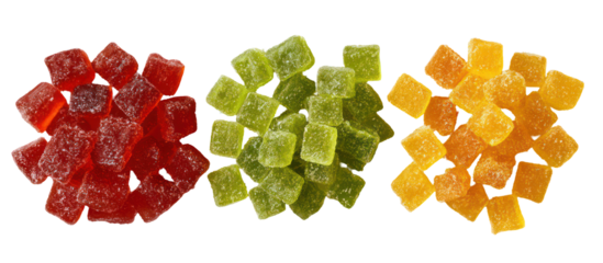 Three Piles of Sugar Candy, Gummy Candy, and Chocolate Candy Side by Side on Transparent Background