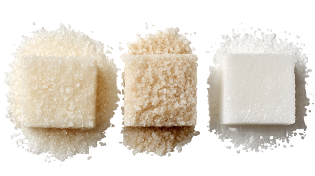 Three types of sugar cubes with loose sugar isolated on transparent background
