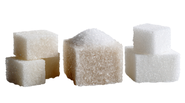 Three Piles of Sugar Cubes in Square, Rectangular, and Irregular Shapes on Transparent Background