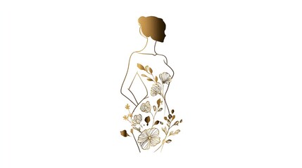 Elegant golden floral fashion logo with minimalist woman silhouette on white background. Concept: Luxury tailoring brand,expressing femininity, fashion brand, elegance and sophistication