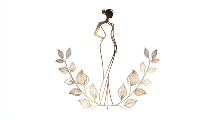 Elegant golden floral fashion logo with minimalist woman silhouette on white background. Concept: Luxury tailoring brand,expressing femininity, fashion brand, elegance and sophistication