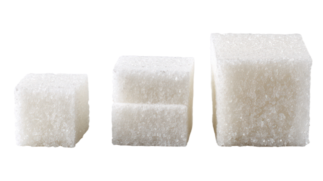 Three Piles of Sugar Cubes in Square, Rectangular, and Irregular Shapes on Transparent Background