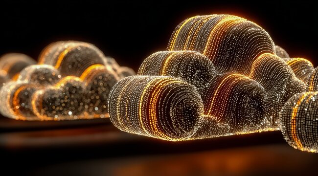 The image showcases a collection of shimmering, metallic clouds that seem to be suspended in mid-air