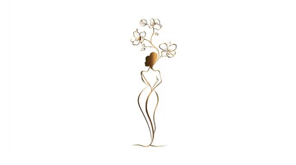 Elegant golden floral fashion logo with minimalist woman silhouette on white background. Concept: Luxury tailoring brand,expressing femininity, fashion brand, elegance and sophistication