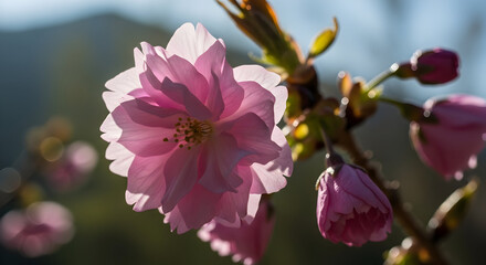 Obraz premium Pink Blossom Beauty A Gentle Caress of Spring Sunlight on Delicate Petals Captivating Floral Elegance Awakening Nature Serene Bloom Peaceful Moment Floral Art