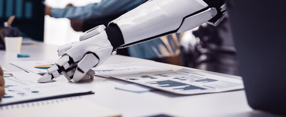 A stunning scene highlighting a robotic arm interacting with human colleagues in a modern office. The image emphasizes teamwork and innovation in the tech-driven workspace.Noogenesis