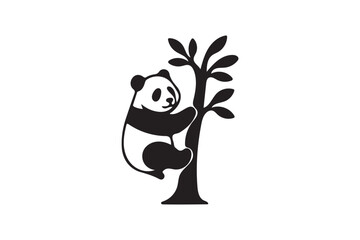 Panda Climbing Tree Silhouette Icon Vector Illustration on White Background.