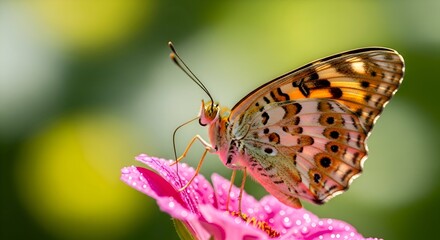 Obraz premium Butterfly on Pink Flower with Dew Drops.
