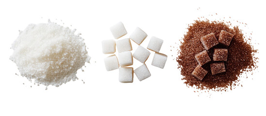 Three Piles of Sugar, White and Brown, in Cube, Diamond, and Hexagonal Shapes on Transparent Background