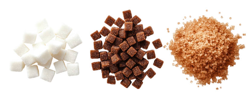 Three Piles of Sugar, White and Brown, in Cube, Diamond, and Hexagon Shapes on Transparent Background