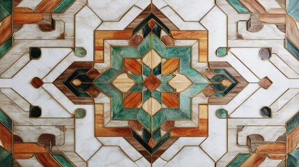Intricate Luxury Geometric Star Mosaic Tile Pattern with Marble, Wood, and Teal Stone Inlay