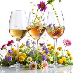 Three wine glasses filled with colorful spring flowers isolated on white background