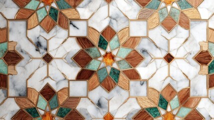 Luxury Geometric Mosaic Pattern with White Marble, Wood, and Teal Stone Inlay