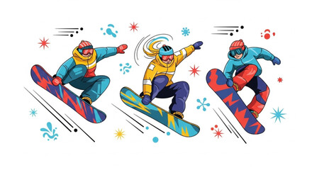 People Snowboarding on Mountain Slopes – Winter Extreme Sport Illustration