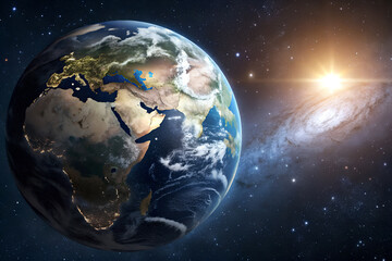 Obraz premium Earth and Moon in Space with Sun and Stars
