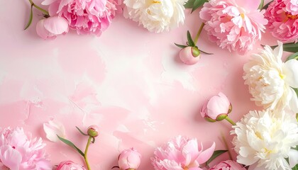 Delicate Pastel Pink and White Peony Flowers Arranged on a Soft Textured Light Pink Background with Subtle Brushstroke Details and Soft Lighting