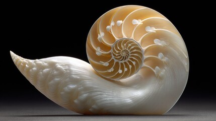 White Pearlescent Nautilus Shell Cross Section Revealing Cream-Colored Fibonacci Spiral