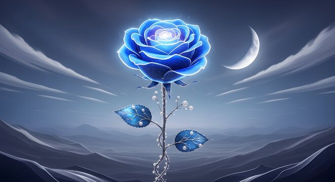 A mesmerizing blue rose blooms under the moonlight in a dreamy landscape