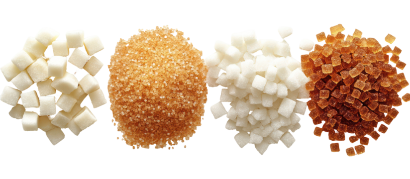 Three Piles of Sugar, White and Brown, in Cube, Irregular, and Oval Shapes on Transparent Background