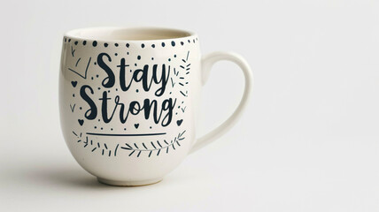 White ceramic mug with the inspiring message "Stay Strong" in stylish black script and small heart/leaf accents, isolated on white.