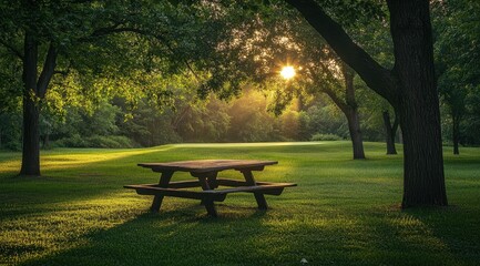 Picnic table bathed in golden sunset light